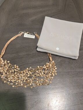Multi-Strand Beaded Necklace in Beige and Gold